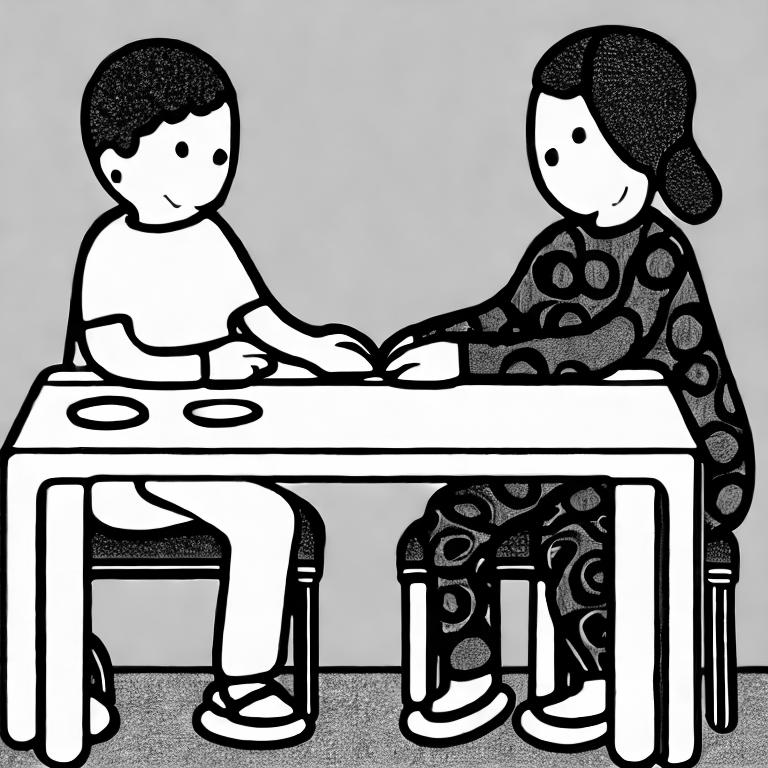 Coloring page of 2 people sitting on a table