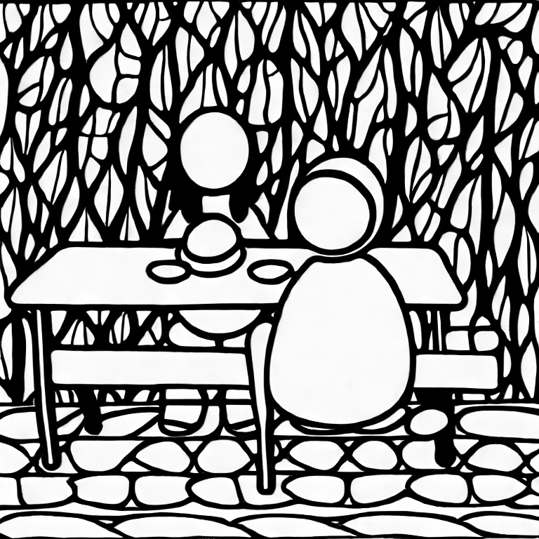 Coloring page of 2 people sitting on a table outside