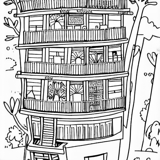 Coloring page of a 13 storey treehouse