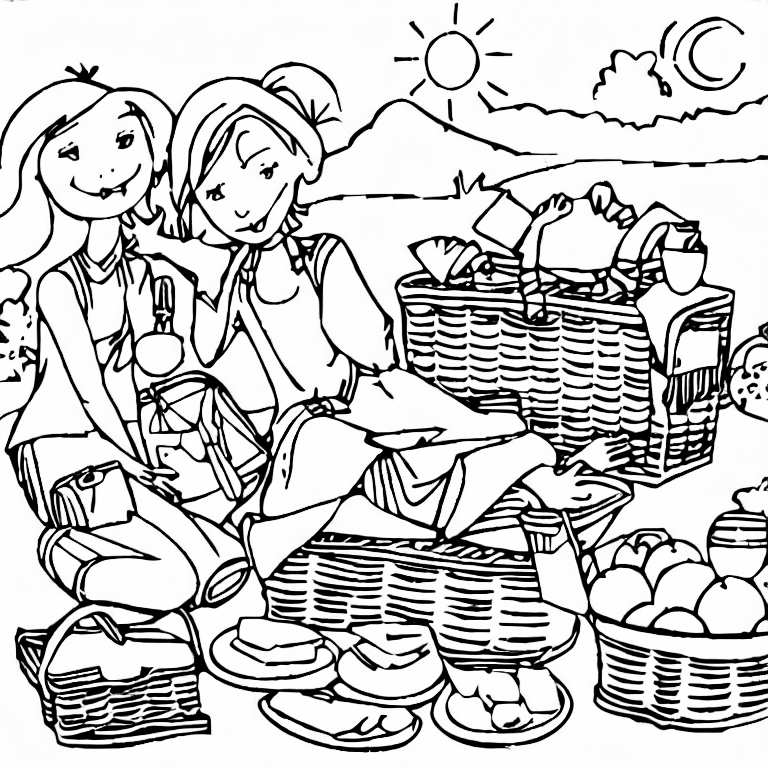 Coloring page of a beautiful picnic on a sunny day