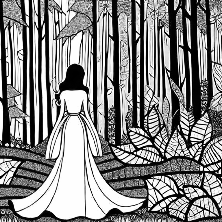 Coloring page of a beautiful princess walking in the forest
