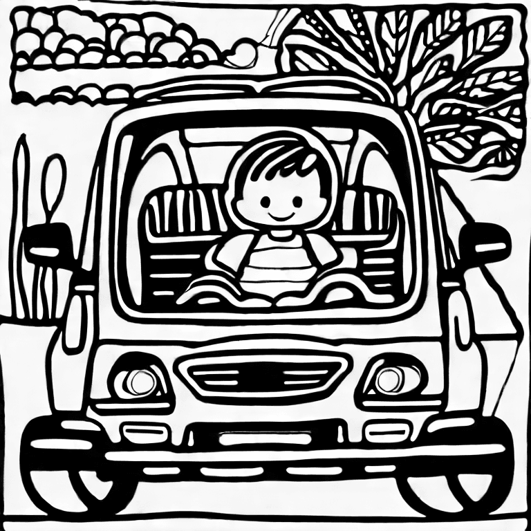 Coloring page of a boy in a car