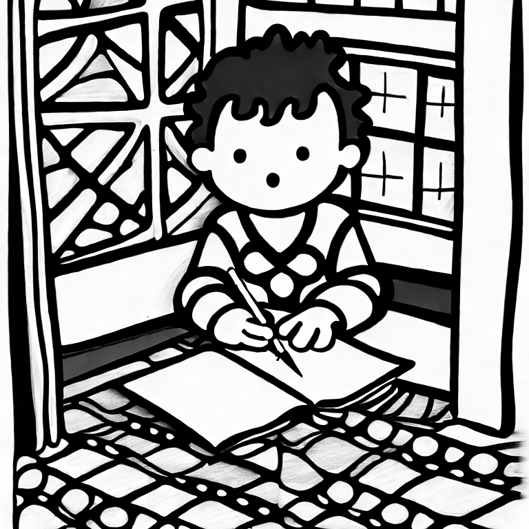 Coloring page of a boy writing