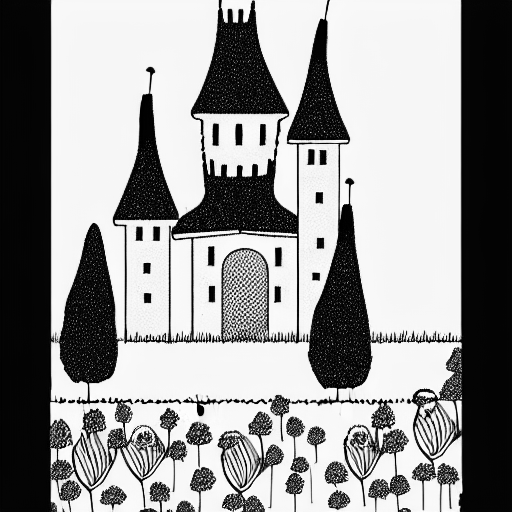Coloring page of a broccoli and a castle