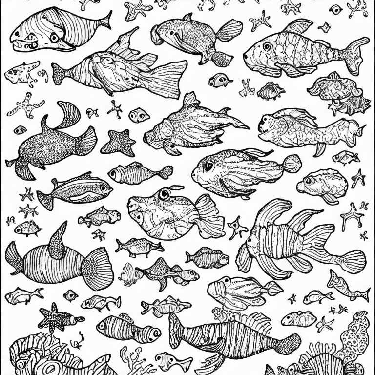 Coloring page of a bunch of sea creatures dancing