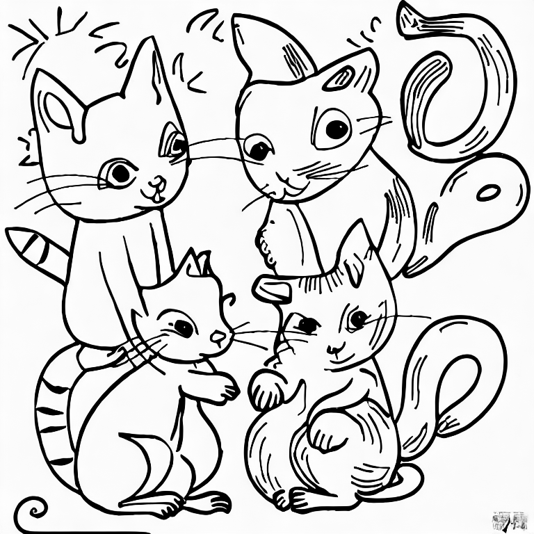 Coloring page of a cat and a squirrel talking