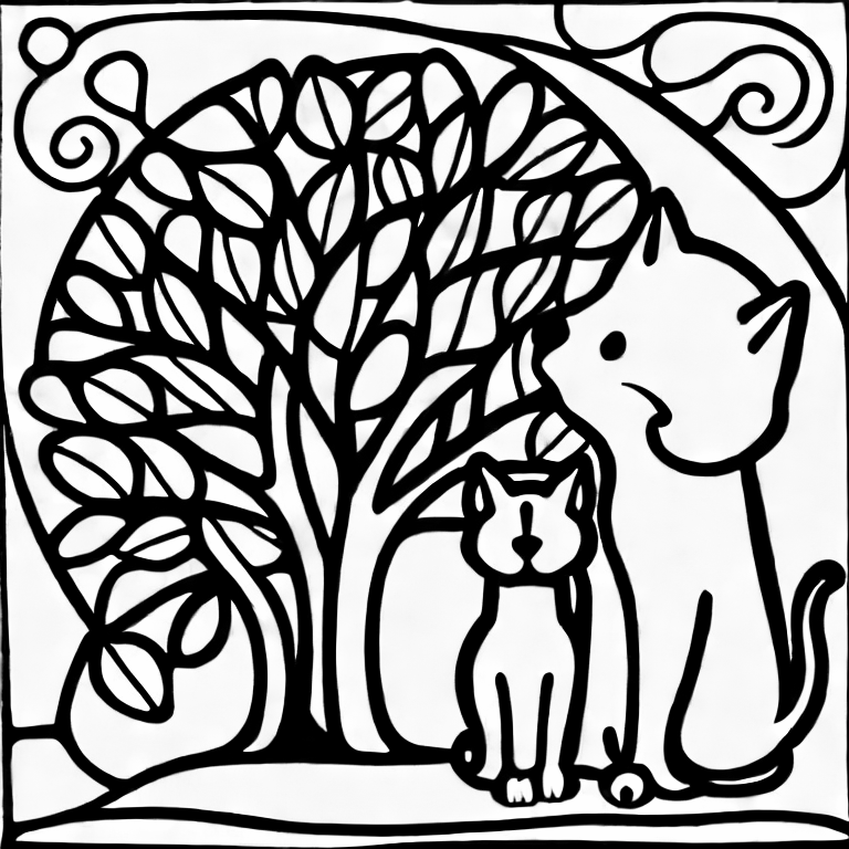 Coloring page of a cat and dog sitting with a tree in the back