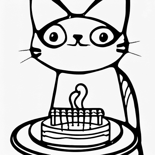 Coloring page of a cat eating cake