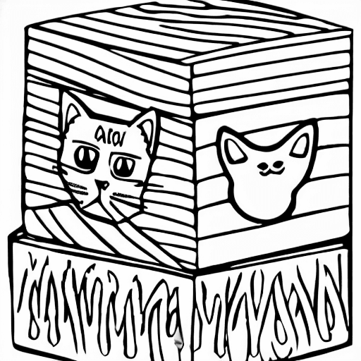 Coloring page of a cat in a box