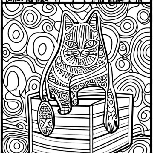 Coloring page of a cat in a box