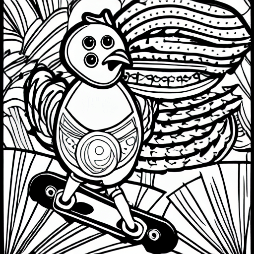 Coloring page of a chicken riding a skateboard