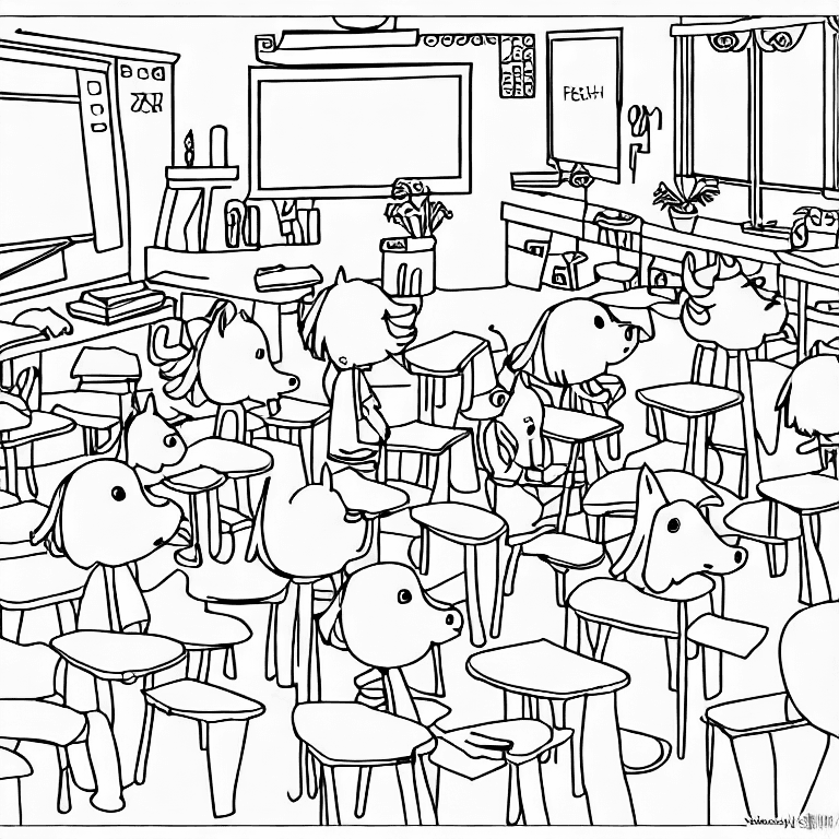 Coloring page of a classroom of unicorns