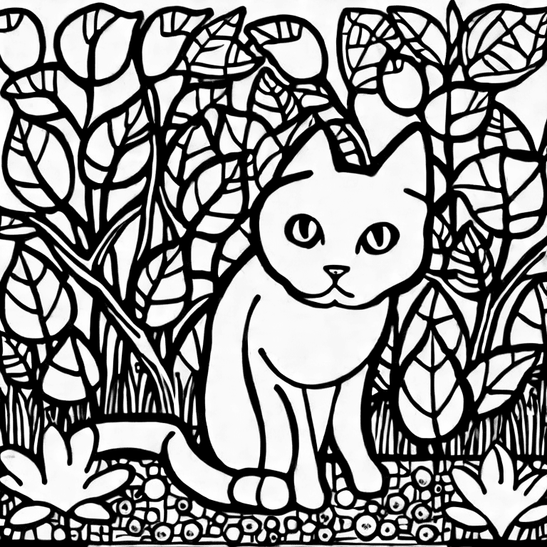 Coloring page of a cute cat with a garden view