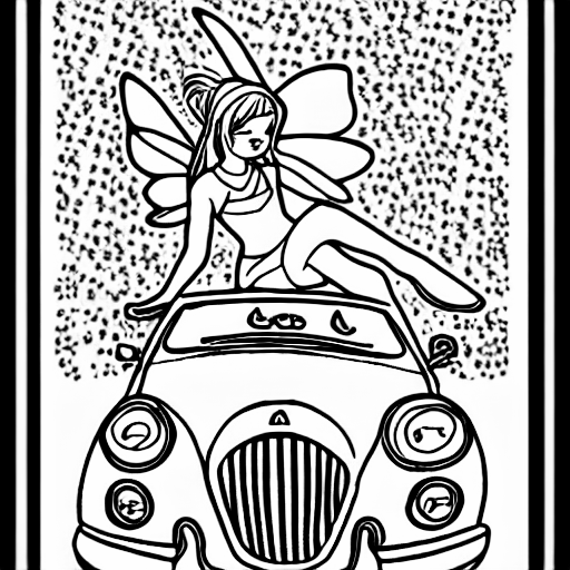 Coloring page of a fairy driving a car