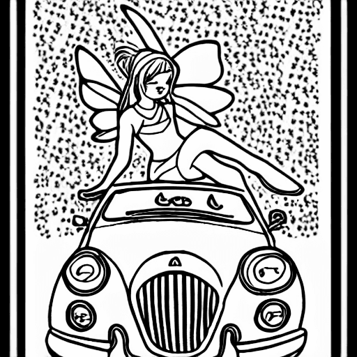 Coloring page of a fairy driving a car