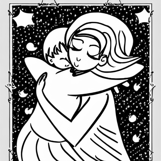 Coloring page of a fairy hugging her mother