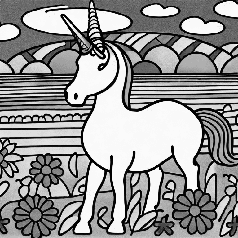 Coloring page of a fancy unicorn in a field