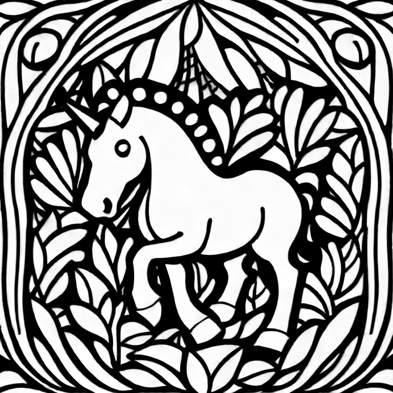 Coloring page of a fancy unicorn in a field no shading black and white