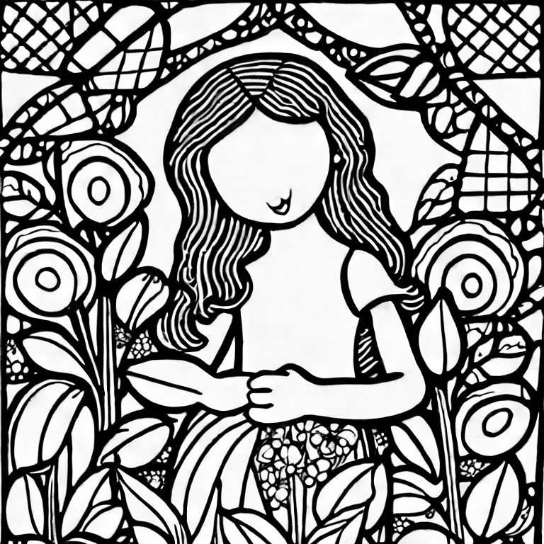 Coloring page of a girl in the garden