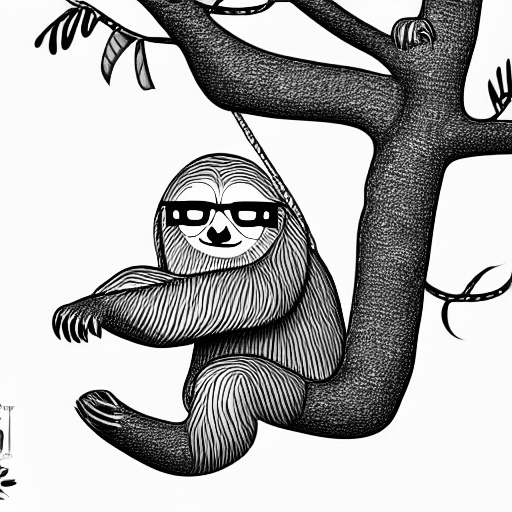 Coloring page of a hipster sloth with sunglasses climbing a tree 3d cgi houdini