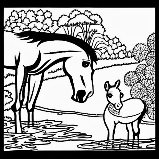 Coloring page of a horse and her foal drinking from a river