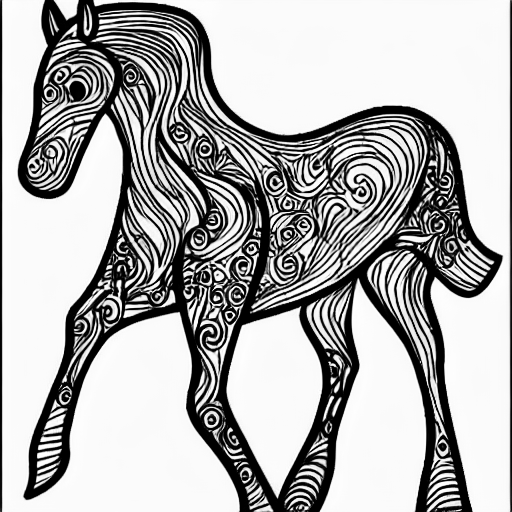 Coloring page of a horse is running on a meadow