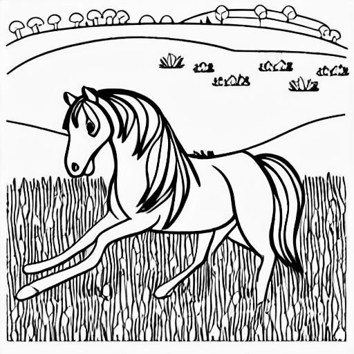 Coloring page of a horse is running on a meadow