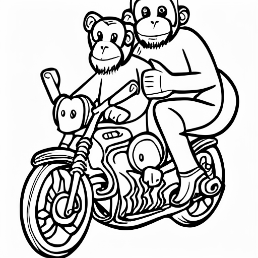 Coloring page of a monkey and a jesus on a motorbike