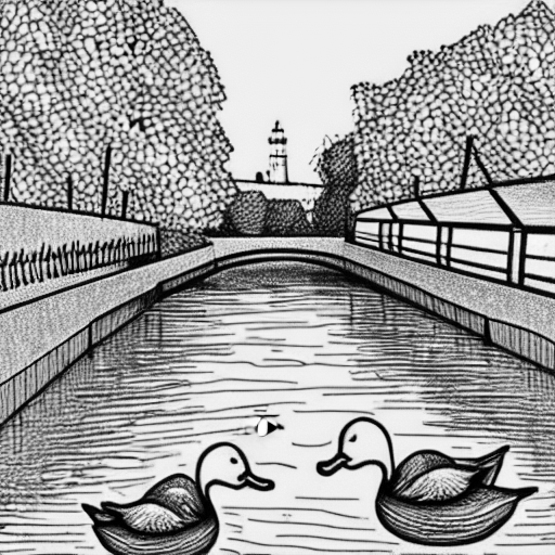 Coloring page of a narrowboat in a canal with ducks
