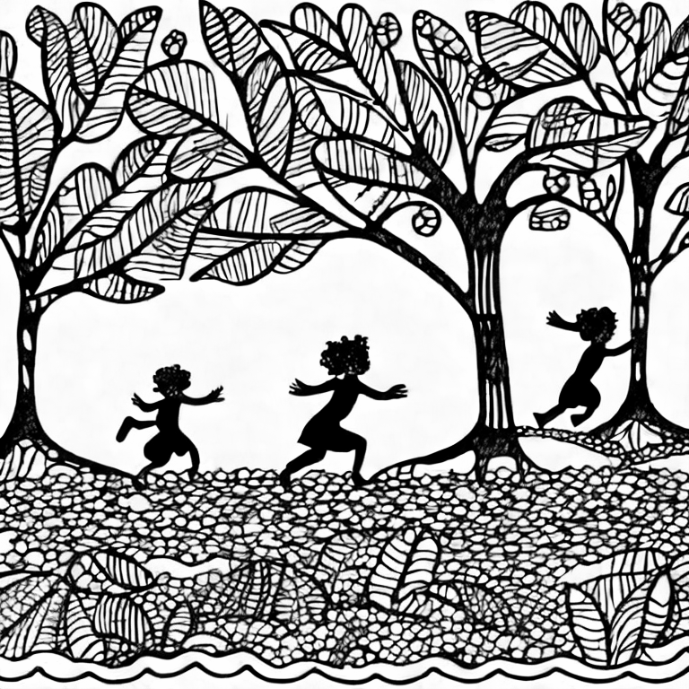 Coloring page of a park scene with trees shedding colorful leaves and children jumping in leaf piles