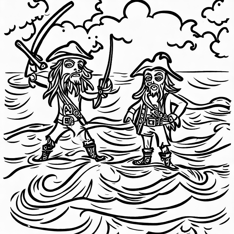 Coloring page of a pirate in the ocean