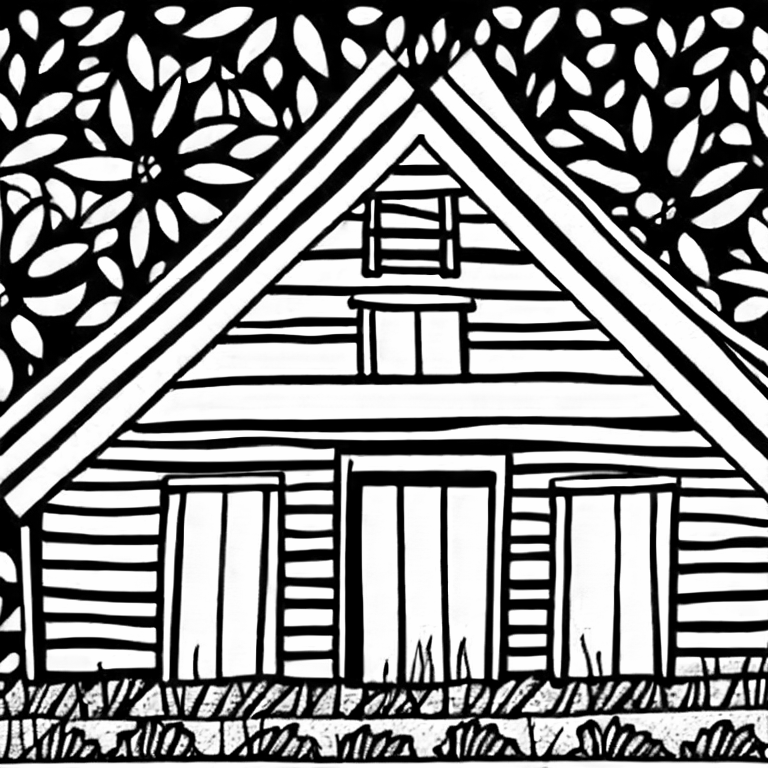 Coloring page of a run down barn in a field