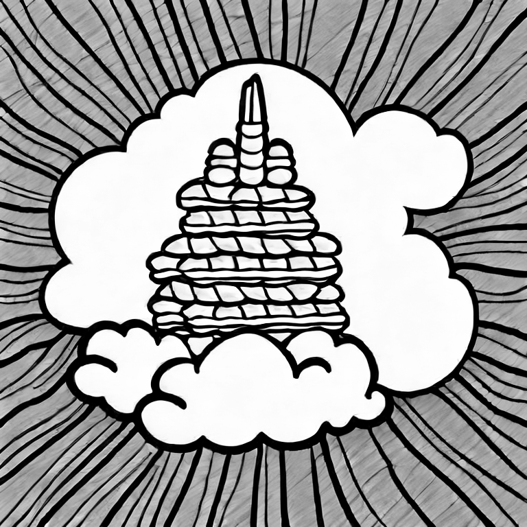 Coloring page of a stack of waffles on a cloud with a rainbow in the background and unicorn flying around cute