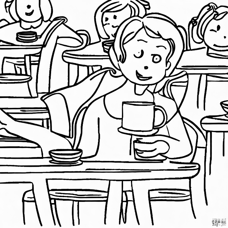 Coloring page of a teacher drinking coffee