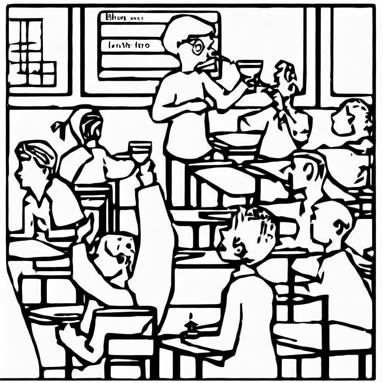 Coloring page of a teacher drinking in a class