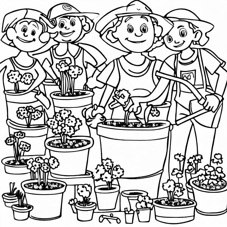 Coloring page of a teacher gardening