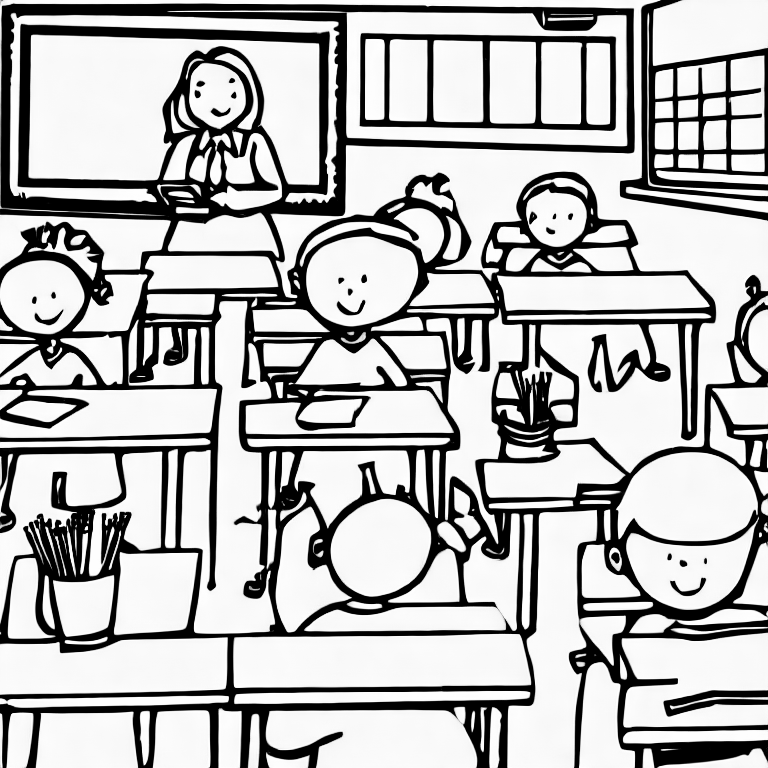Coloring page of a teacher in a class in front of the blackboard