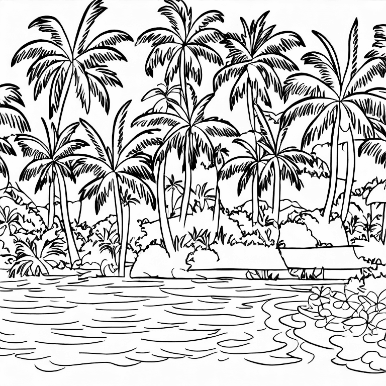 Coloring page of a tropical island