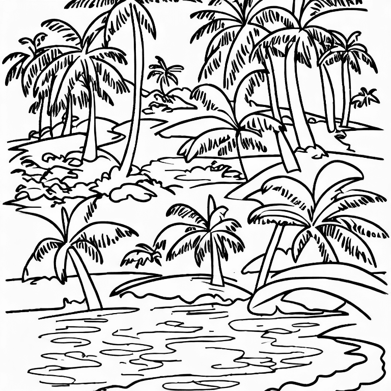 Coloring page of a tropical island