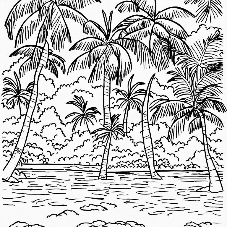 Coloring page of a tropical island