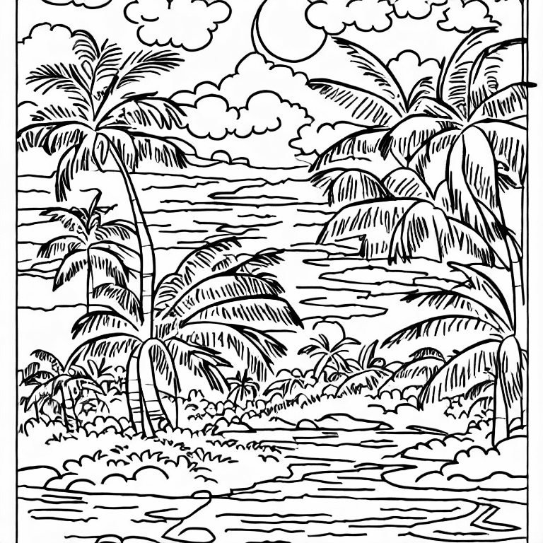 Coloring page of a tropical island