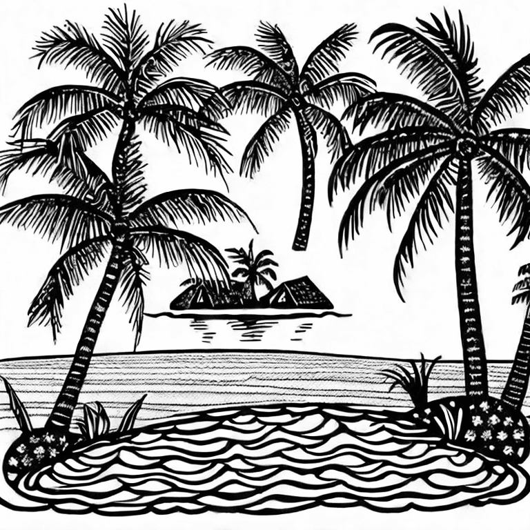 Coloring page of a tropical island