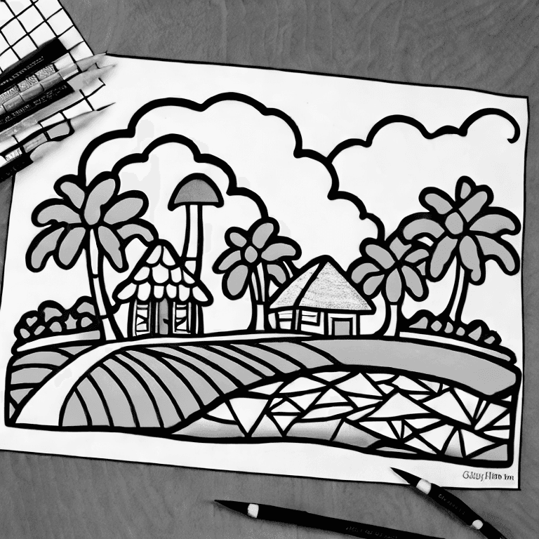 Coloring page of a tropical island