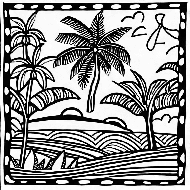 Coloring page of a tropical island