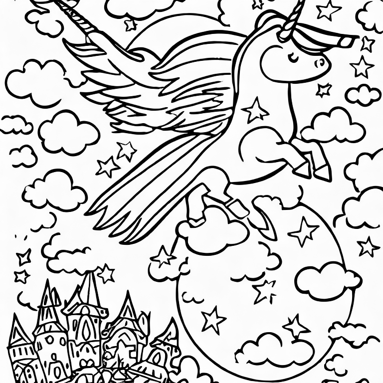 Coloring page of a unicorn flying in the sky
