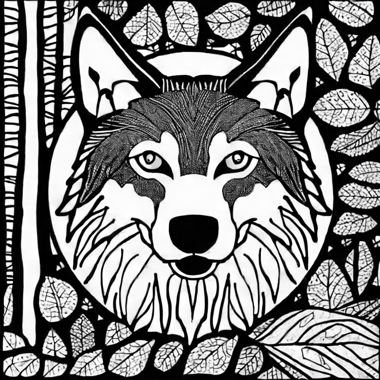 Coloring page of a wolf in the woods