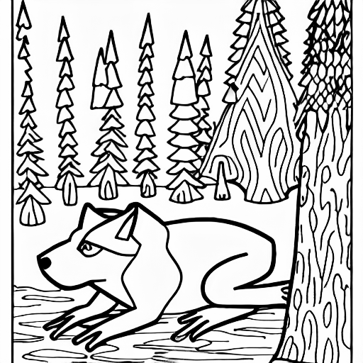 Coloring page of a wolf in the woods eating a frog on a lake