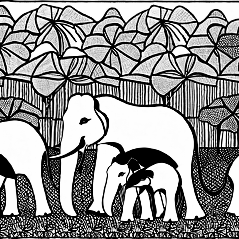 Coloring page of african elephants with horse