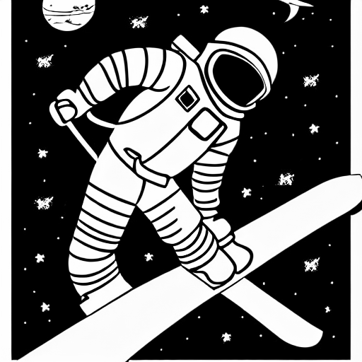 Coloring page of an astronaut skiing