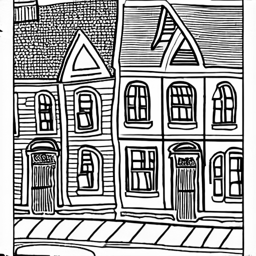 Coloring page of an english street of red brick houses